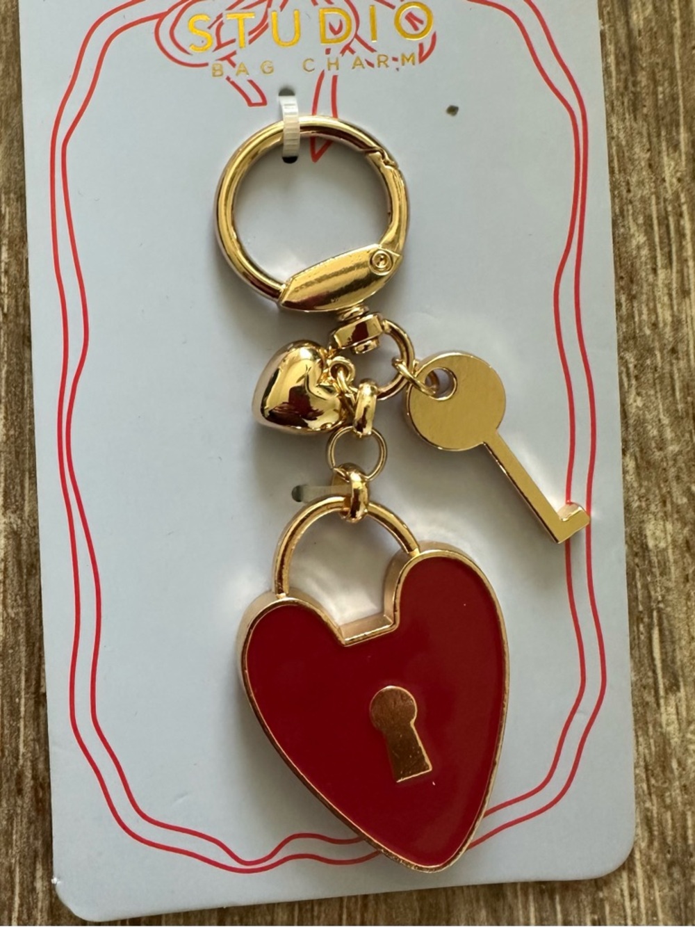 Studio Red Enamel Heart Lock Keychain with Gold Accents